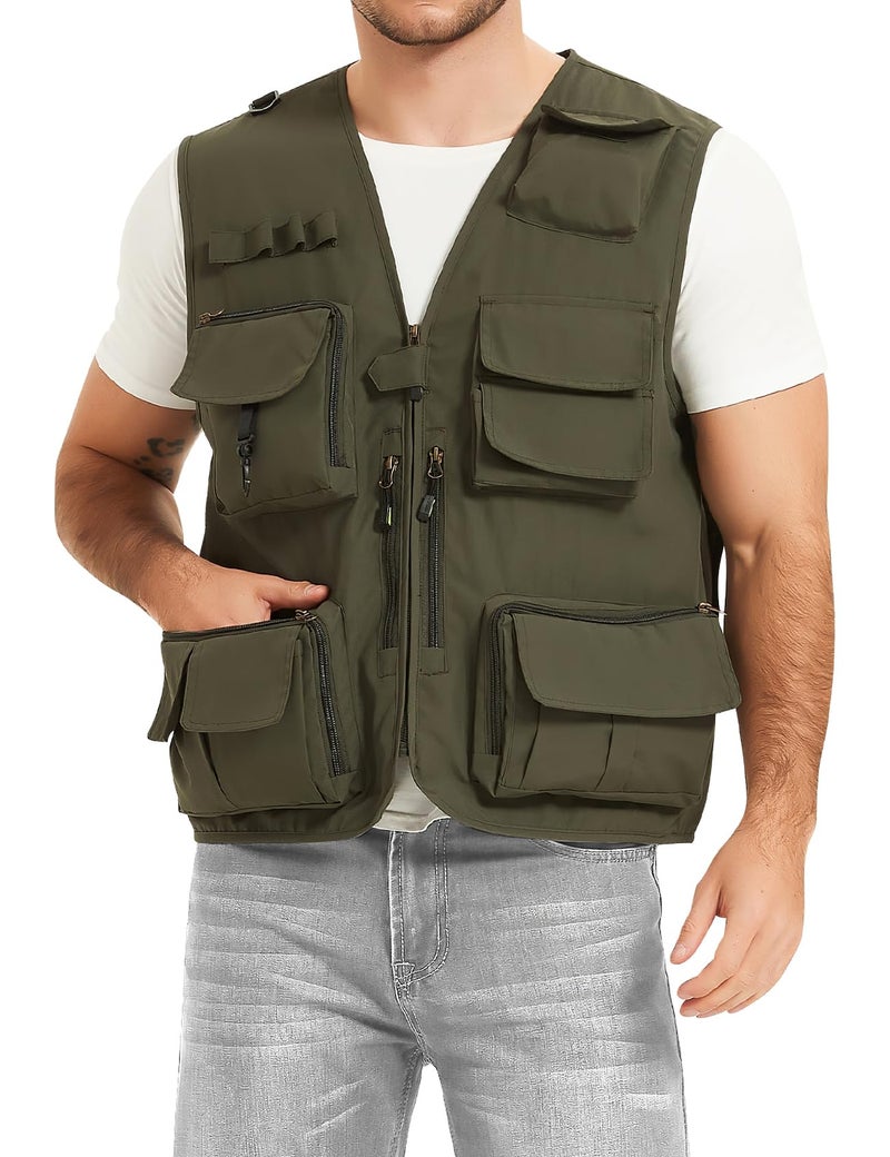PEHMEA Men's Fishing Vest Utility Detachable Summer Vests with Pockets for Safari Travel Outdoor Work Photo Cargo Fly(Army Green-L) - Image 4
